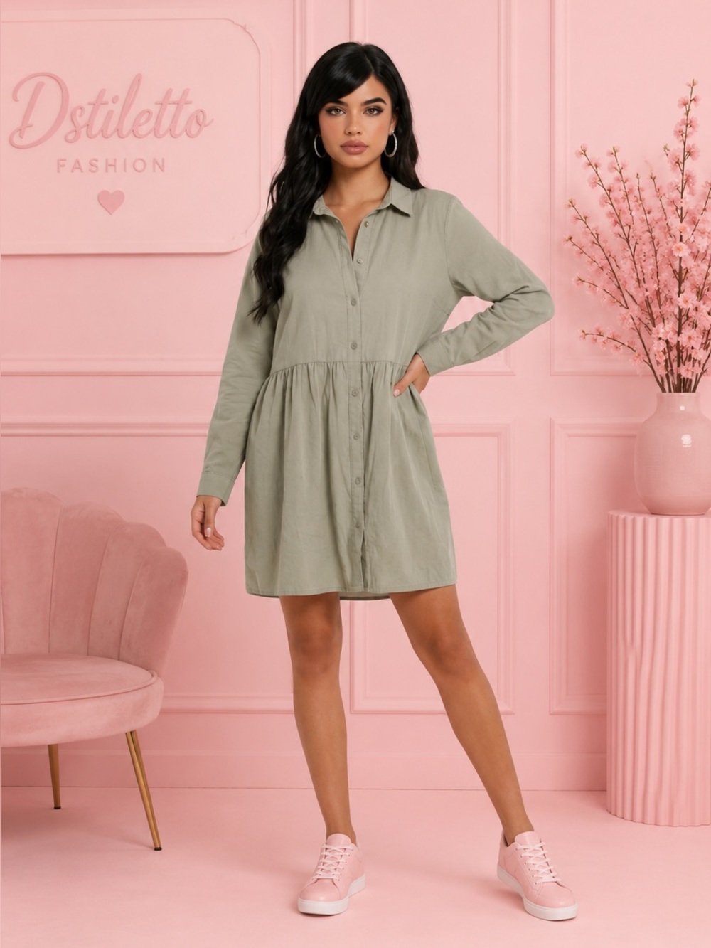 🛍️ ASOS DESIGN Long Sleeve Cotton Mini Shirt Button light Sage Green Green Sz 18